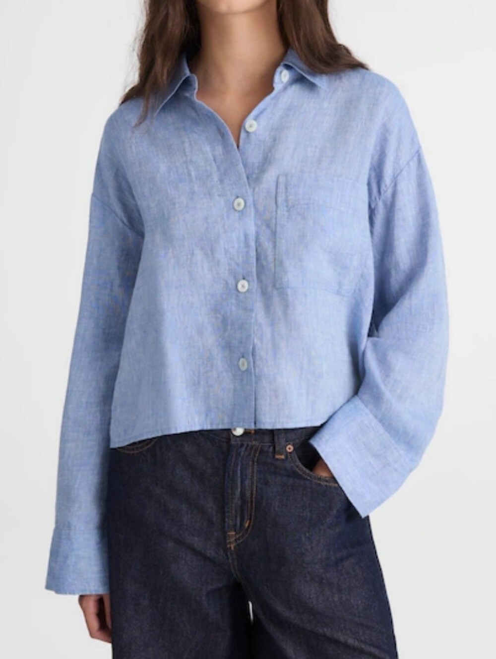 Madewell Alice Straight Hem Shirt Blue Linen Button-Down Crop Shirt Size S NEW